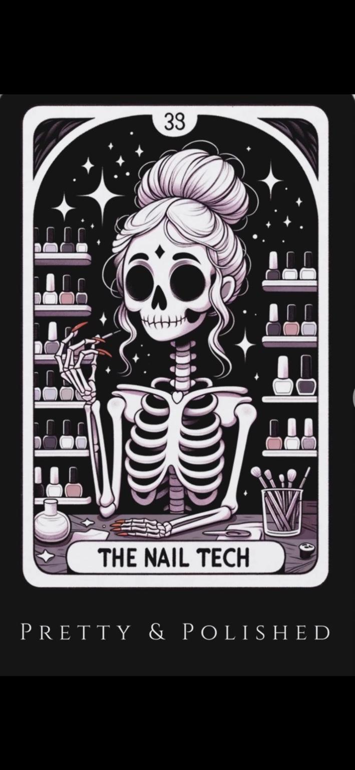 Pretty & Polished logo featuring The Nail Tech illustrated skeleton